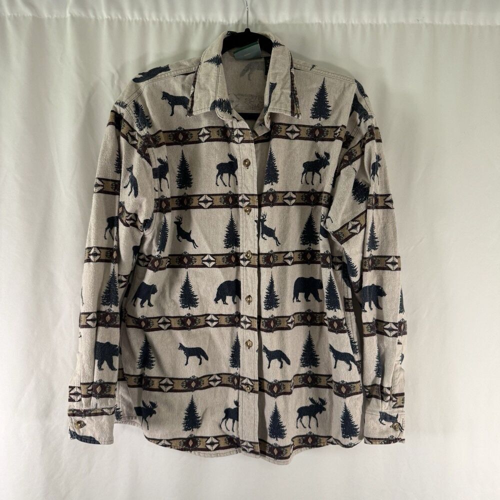 Cabelas Shirt Men's Large Beige Moose Reindeer Long Sleeve Button Up Cotton